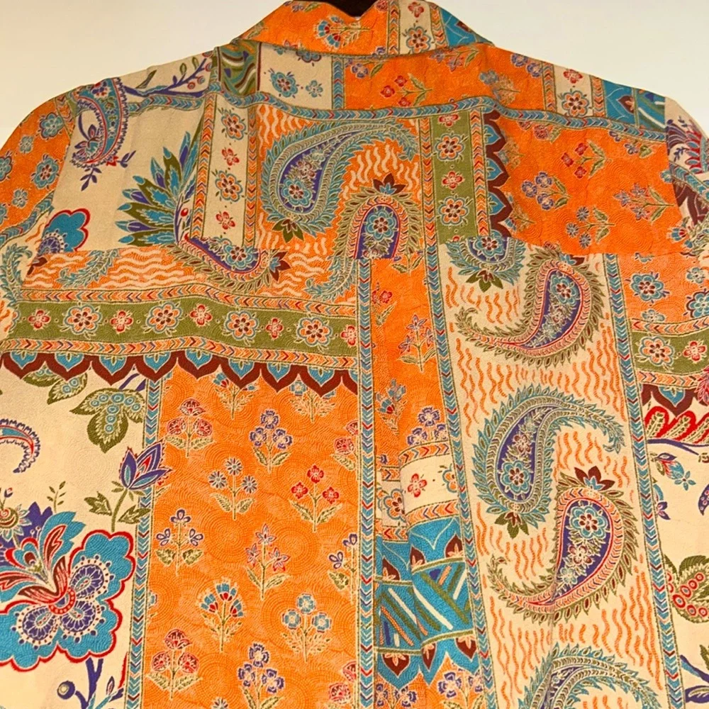 Rose & Olive Paisley Button-Up Shirt M Orange Boho Tie Knot Colorful Floral